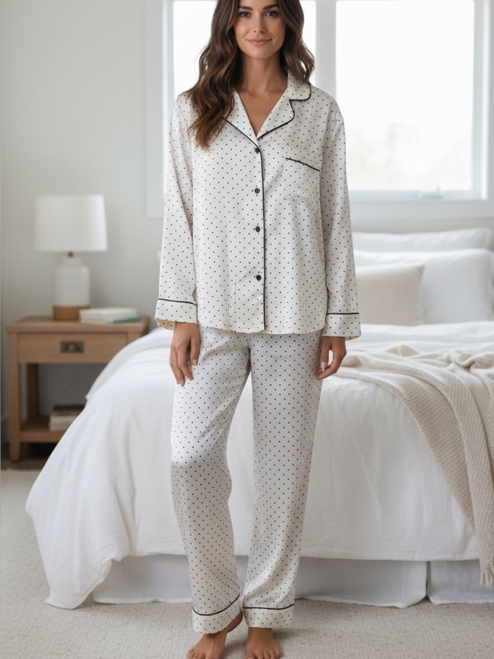 NWT Apt 9 Two Piece Satin Pajama Set Women SZ XXL‎ in Ivory Navy Polka Dot